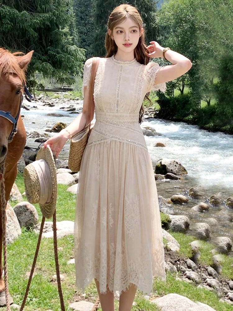 Neues Elegantes Spitzen-Midikleid für Damen, Sommerliches A-Linien-Kleid mit Kurzen Ärmeln, Schlankes Boho-Design für Urlaub, Party und Alltag