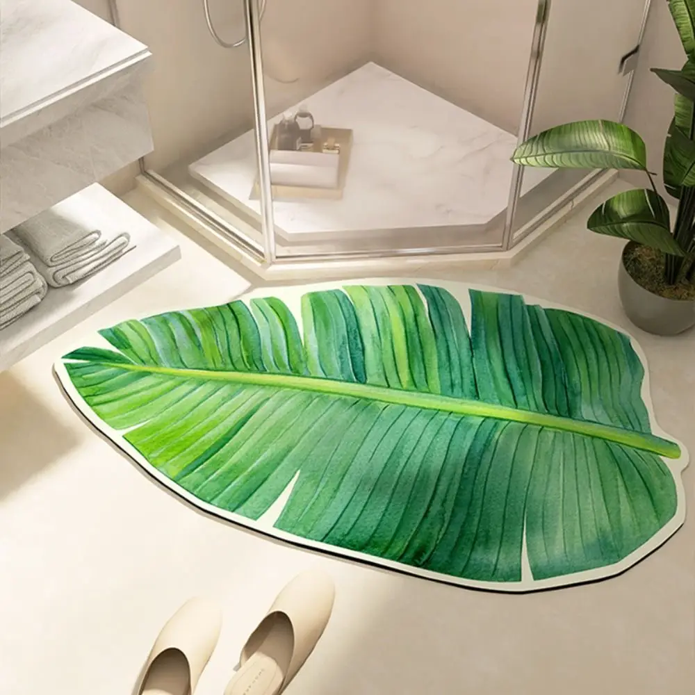 Non-Slip Leaf-Print Bathroom Mat Absorbent Comfortable Green Plant Floor Mat Multi-purpose Breathable Toilet Door Rugs Toilet