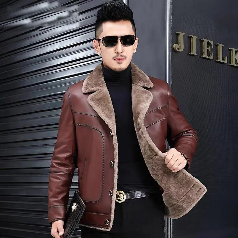 

Men's Leather Bomber Jacket Fleece Lined Thick Warm Winter Coat Men Single-Breasted Sheepskin Leather Jacket Short Outwear C332