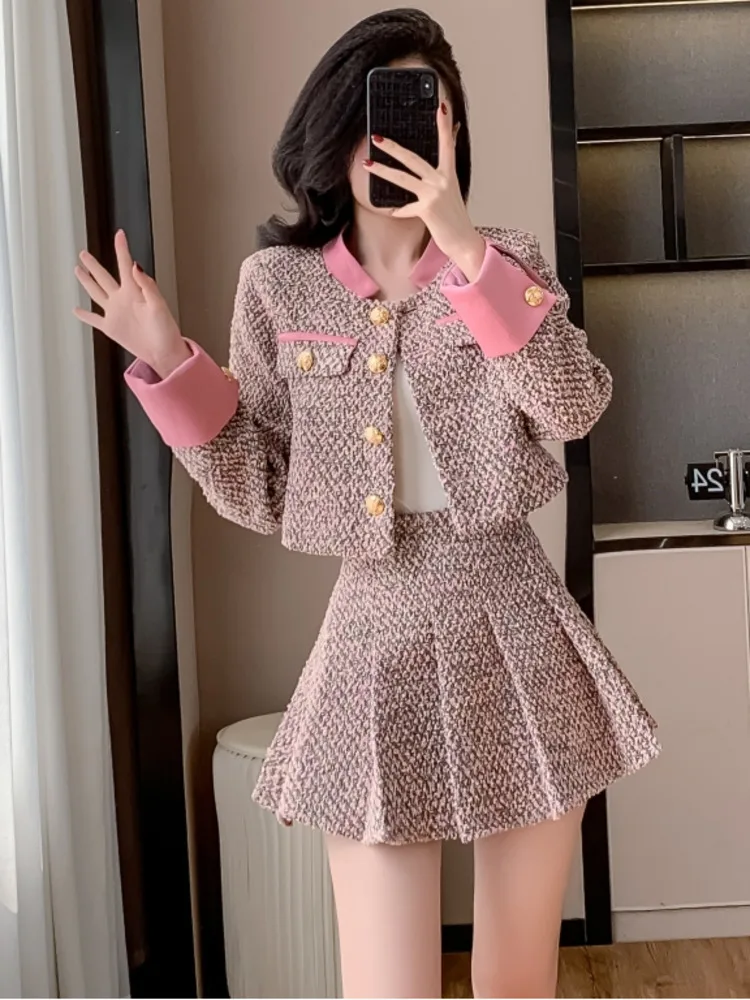 2024 Autumn Winter Small Fragrant Two-piece High-end Spliced Western-style Jacket + High-waist Pleated Skirt Chic Ladies Suits