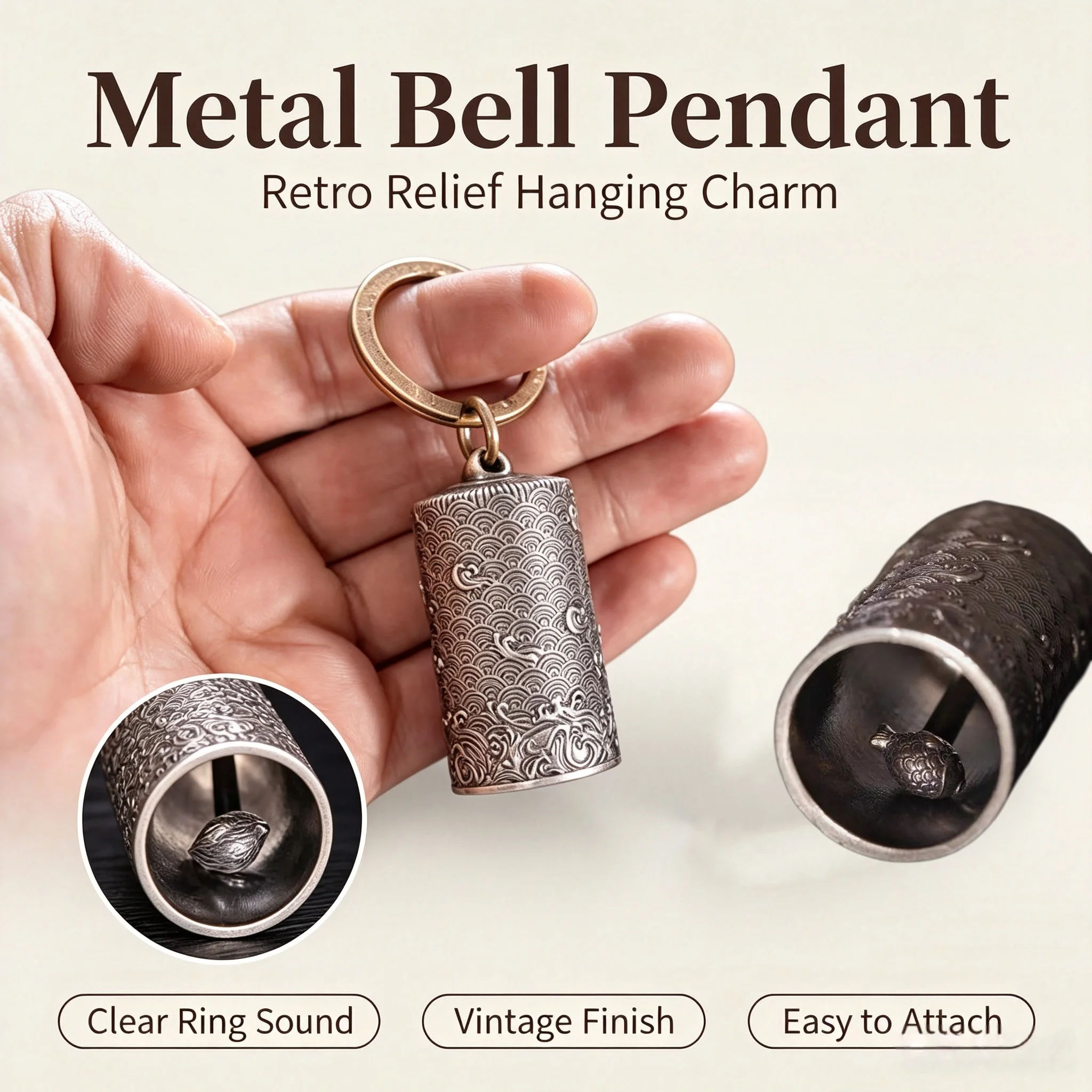 Vintage Engraved Bronze Bell Keychain Clear Tone Retro Chinese Style Car Rearview Mirror Hanging Pendant Decor Ornament Gift