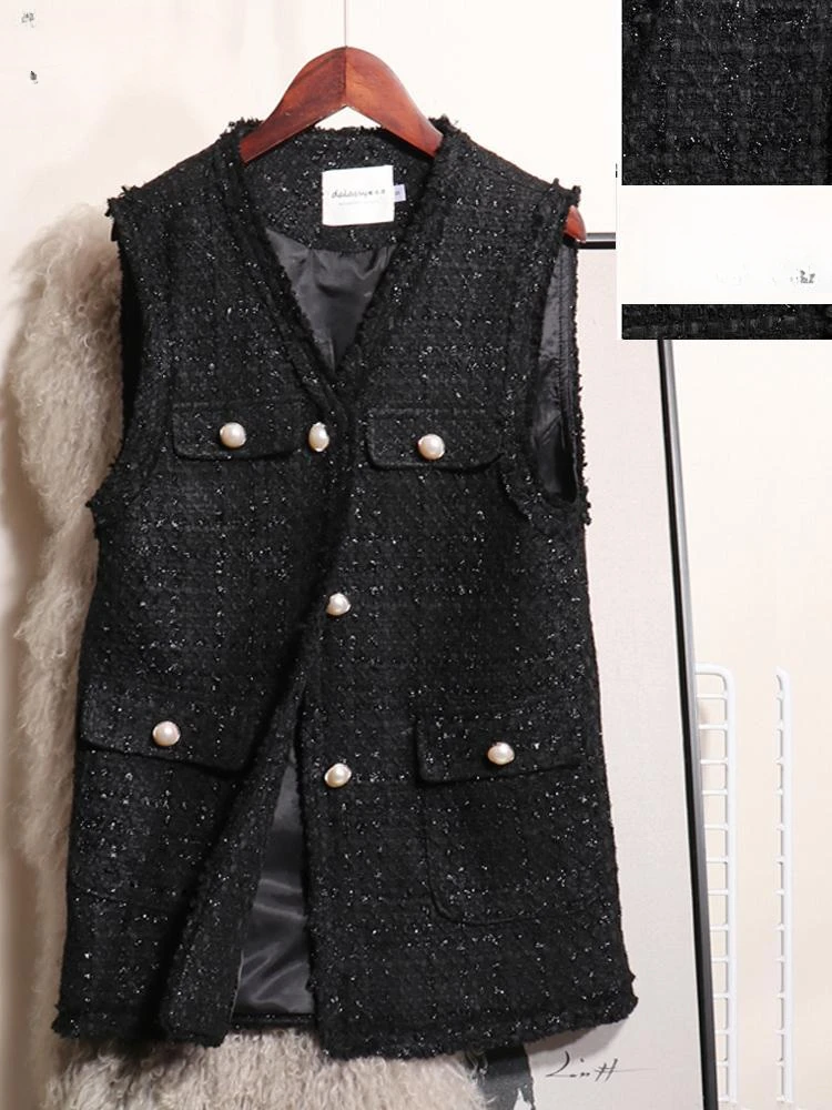 Spring Autumn Small Fragrant Wind Vest Women's New Outerwear Waistcoat Tweed Jacket Sleeveless Single-breasted Office Lady Tops
