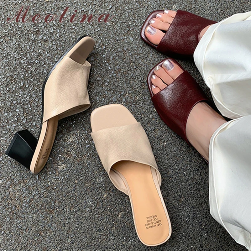 

Meotina Women Genuine Leather Slides Square Toe Thick Mid Heels Sandals Sheepskin Slippers Ladies Fashion Shoes Summer Beige 40