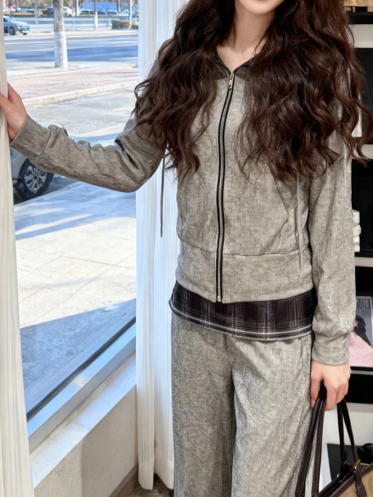 

Slimming High Waist Long Pants Hooded Open Cardigan Sweatshirt Women's Fashion Set Spring New Korean Style Two-Piece Suit