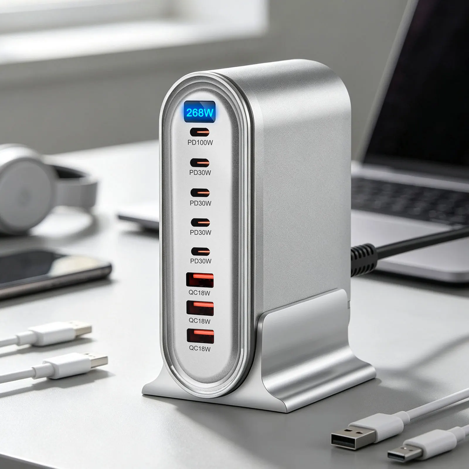 

Universal 268W GaN Desktop Fast Charger LED Display 8 Ports PD Type C USB Fast Charging Station Adapter For Phones And Tablets