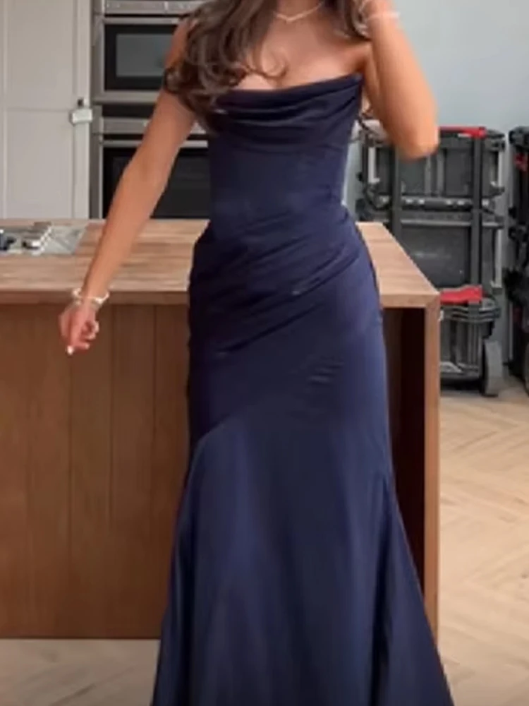 

Lady Sexy Strapless Backless Draped Gown Fashion Hight Waist Temperament Solid Long Dress Elegant Sleeveless Slim Cocktail Dress