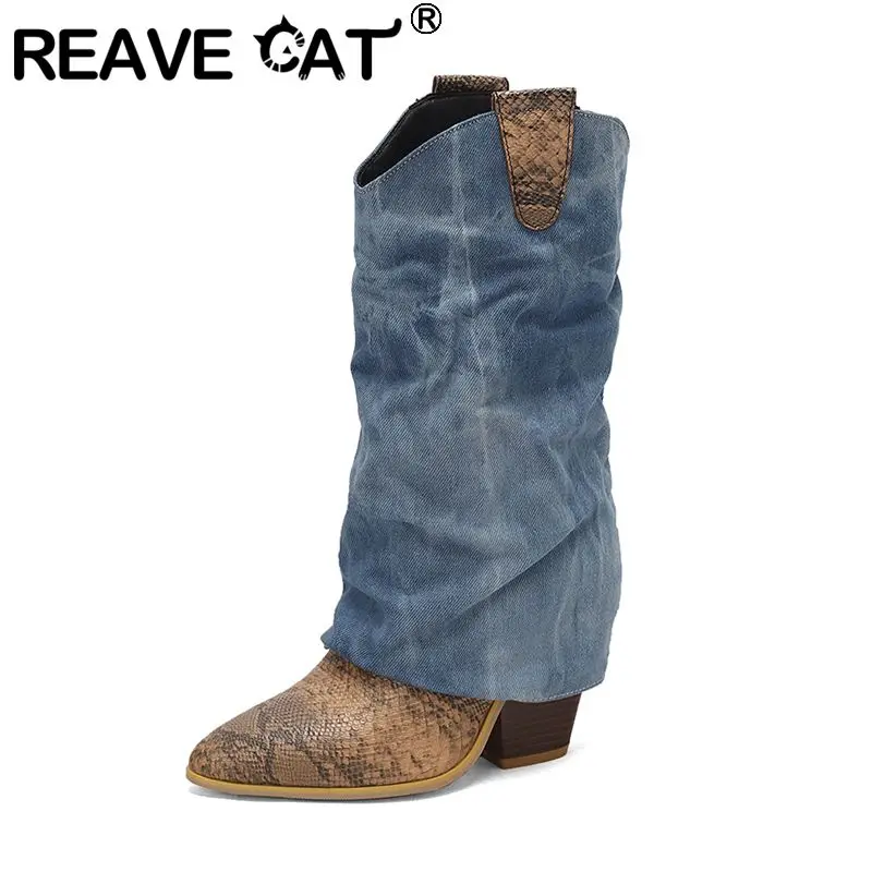 

REAVE CAT 2025 Стильные женские сапоги до середины икры с острым носком на блочном каблуке 10,5 см, разноцветные большие размеры 48 49 50 Ежедневные ботильоны