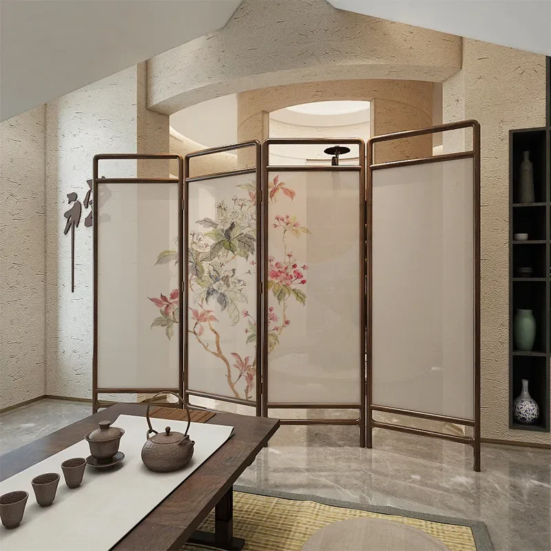 Fomex New Chinese Style Zen Orchid Solid Wood Folding Screen Room Divider for Living Room Office Tea Room Home Decor Partition