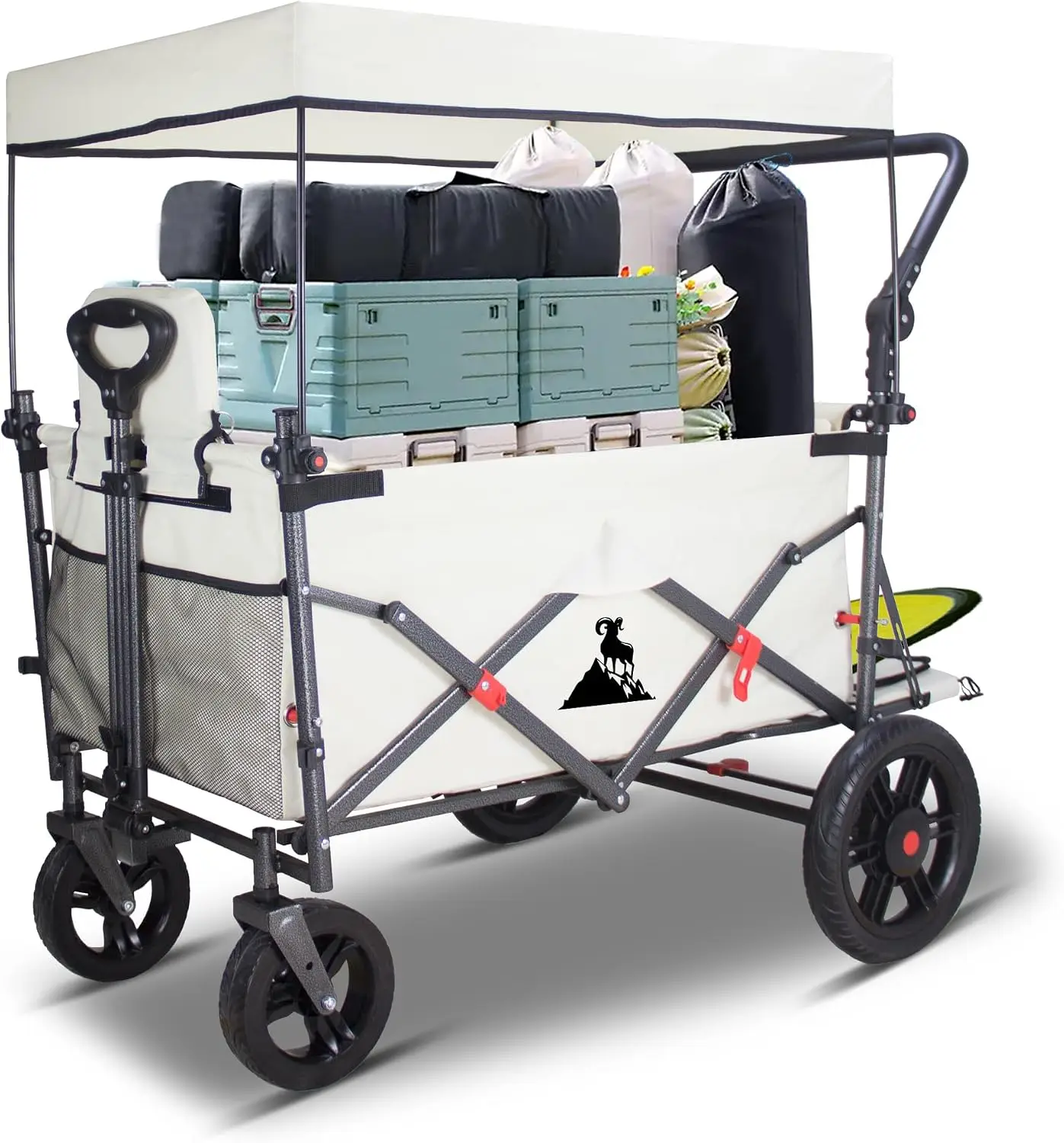 2-Seat Folding Wagon Cart with Canopy, Beige