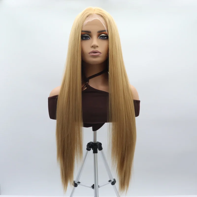 

Women's wig, European and American cosplay, front lace, hand-woven, middle-parted, golden long straight hair, synthetic fiber fu