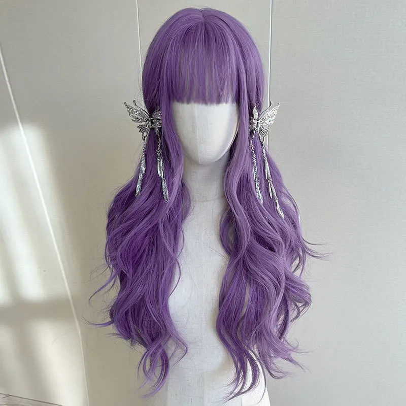 

Temperament long curly hair anime highlights purple cosplay big waves long curly hair high temperature silk wigs headgear