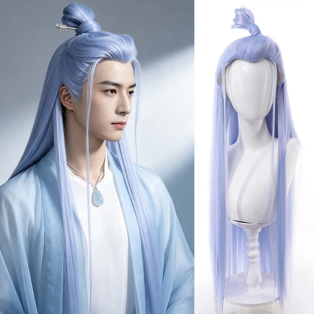 Synthetic 34 Inch Men Light Blue Long Straight Hair Bun Cosplay Wig Halloween Role Play Heat Resistant Fiber Hair Accessories