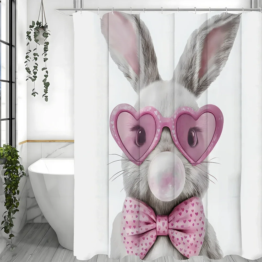 

Cute Bunny Cool Shower Curtain, Pink Eyes Bubble Bow Bathroom Decorative Shower Curtain, Waterproof Shower Curtain with Hooks