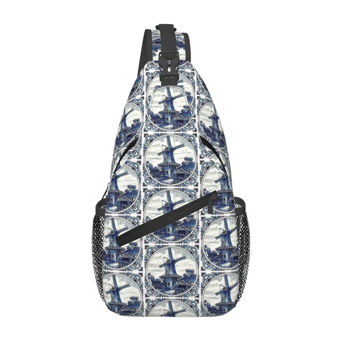 Bolso de pecho con estampado de molino de viento Vintage de Delft azul holandés, mochila cruzada para hombre, bolso de pecho, mochila de viaje para senderismo, bolso de hombro