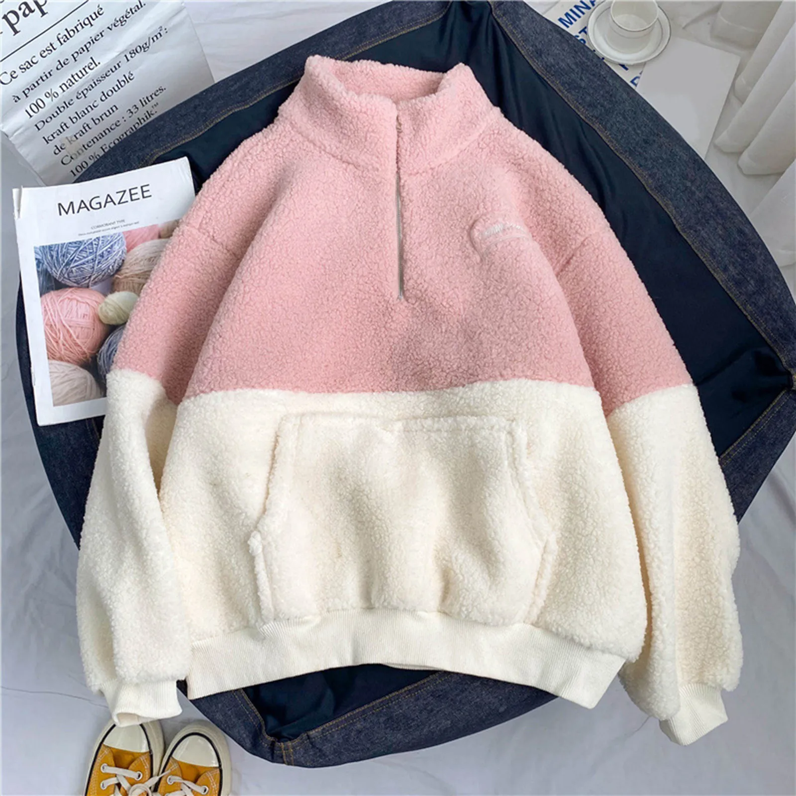 Winter Warmth Polar Fleece Clothes Sweatshirt Harajuku Embroidered Half Zipper Women\'s Loose Pocket Pullover Hoodies Streetwear