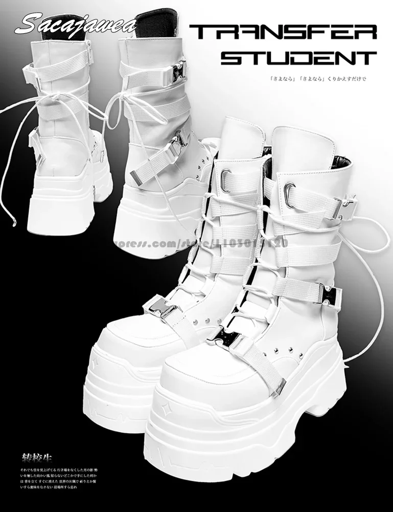Gothic Punk Style Side Zipper Chunky Heel Motorcycle Boots Round Toe Platform Size 35-40 Lady Boots Solid 9CM Heel Mid Claf Boot