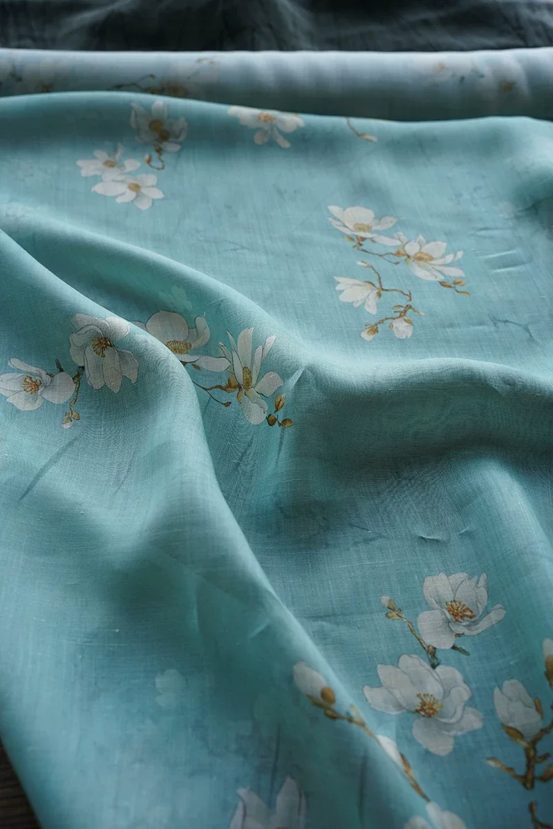 1yard Blue magnolia print tela Pure ramie diy sewing fabric shirt dress cheongsam fabric
