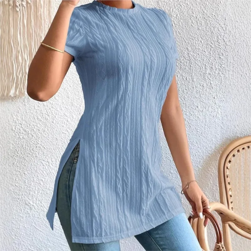 2026 New Summer Women's Long Top Solid Color Split Casual Loose Fashionable And Comfortable Versatile Simple Daily Commuter Top