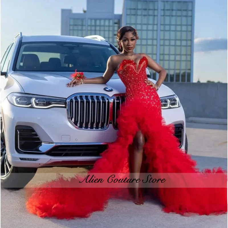 

Red Prom Dresses For Women 2026 African Long Mermaid Split Beading Crystals Tiered Ruffles Evening Gowns Gala Gown Customized
