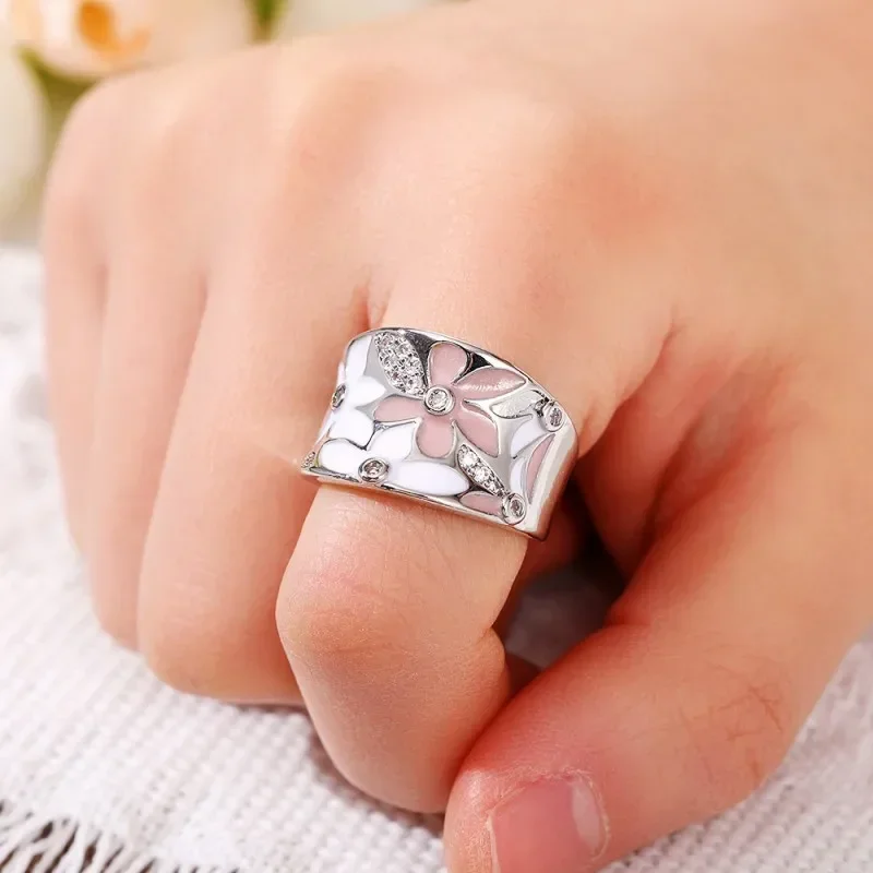 2026 Aesthetic Enamel Flower Finger Ring for Women Wedding Party New 2023  Silver Color Luxury Cubic Zirconia Jewelry Gift