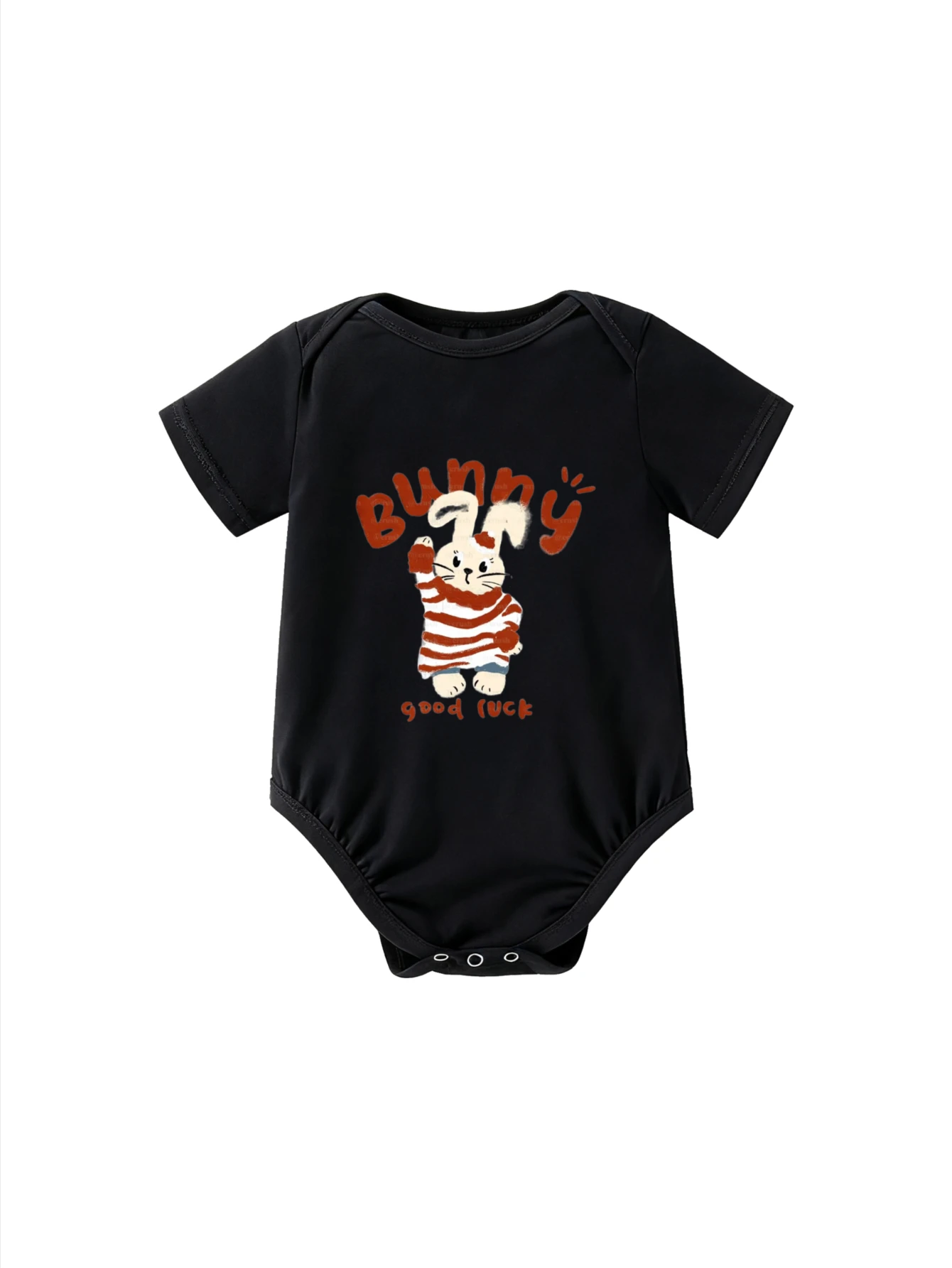 

​Baby Bodysuit Short Sleeve Bunny in Striped Shirt with Good Luck Text and Gesture for Infant Boys and Girls Lucky Charm Style​