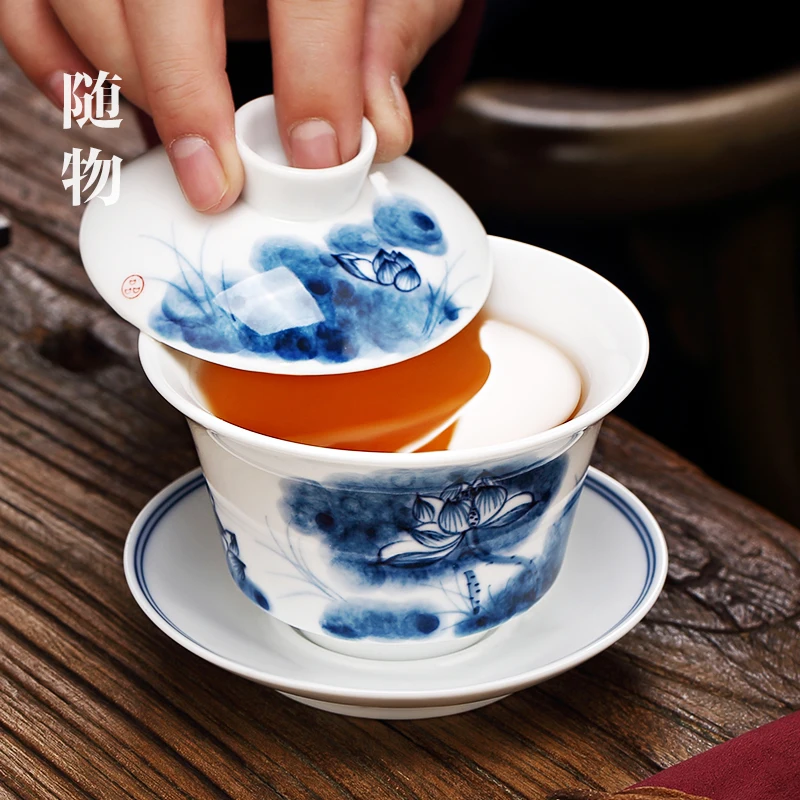 Jingdezhen Blue And Extra Large White Porcelain Three Talents Eight Treasure Tea With Cover Bowl