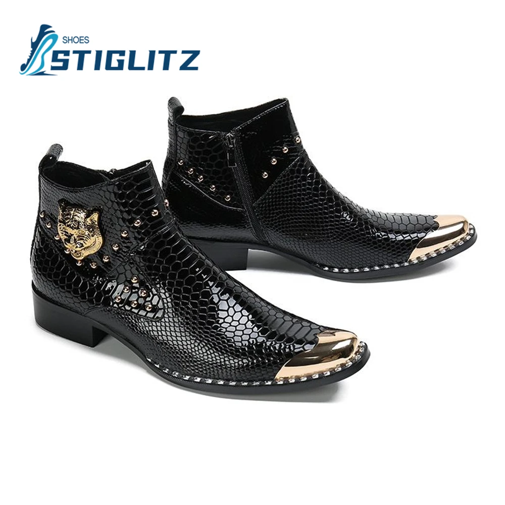 Solid Python Luxury Leather Boots Metal Iron Toe Rivets Tiger Head Fashion Men\'s Boots Men\'s Formal Genuine Leather Casual Shoes