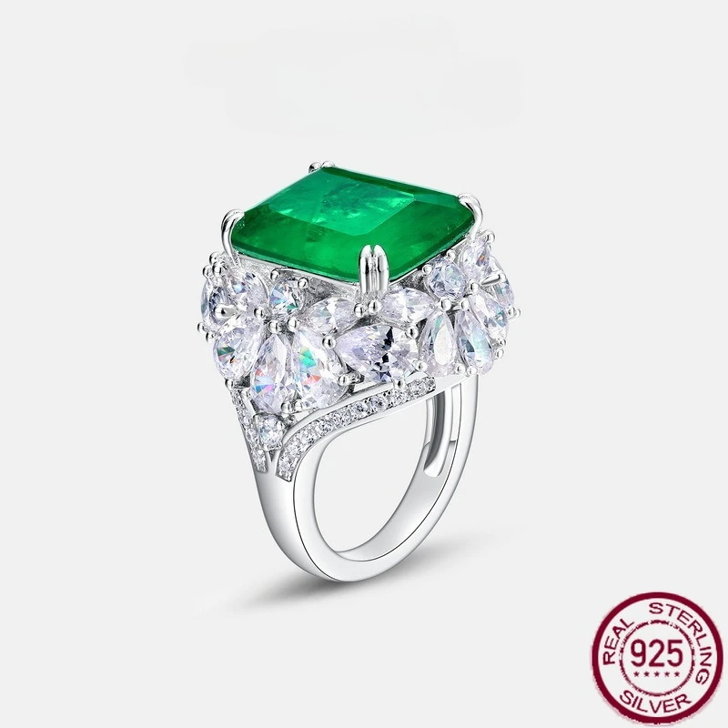 

New S925 pure silver green glass ring, emerald green finger ring, retro noble European and American style wedding jewelry