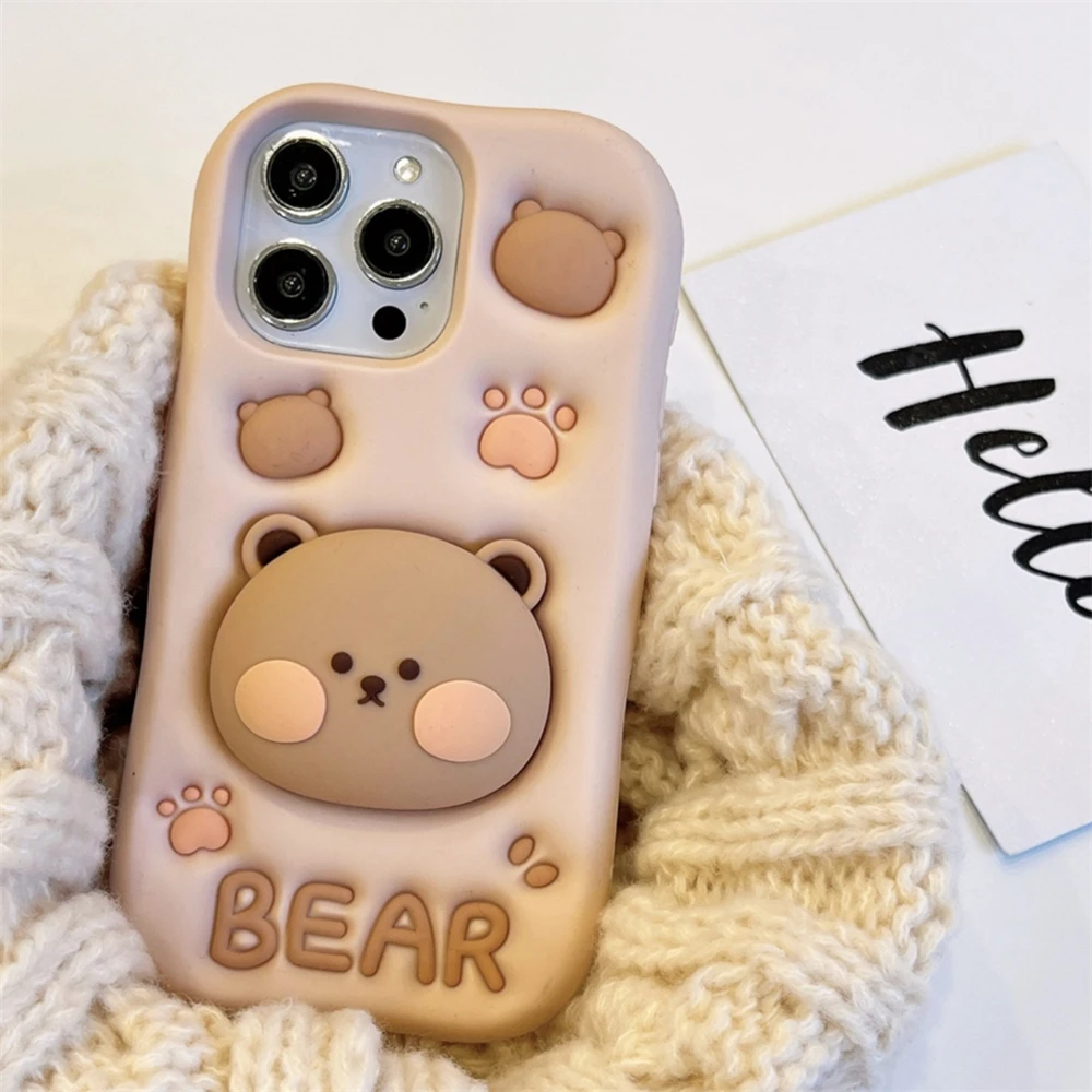 Cute 3D Cartoon Bear Paw Holder Grip Phone Case For iPhone16 15 14 13 12 11 Pro Max Lovely Silicone Soft Cover Camera Protection
