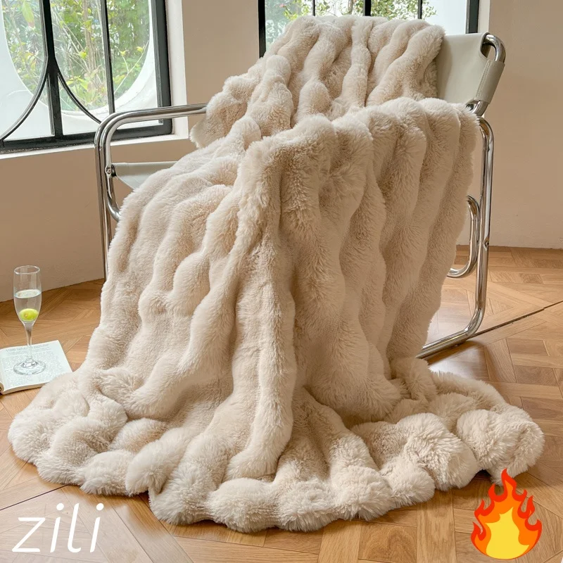 Thickened Warm Bubble Quilted Double Layer Soft Luxury Faux Rabbit Fur Blanket Living Room Bedroom Sofa Cover Blanket