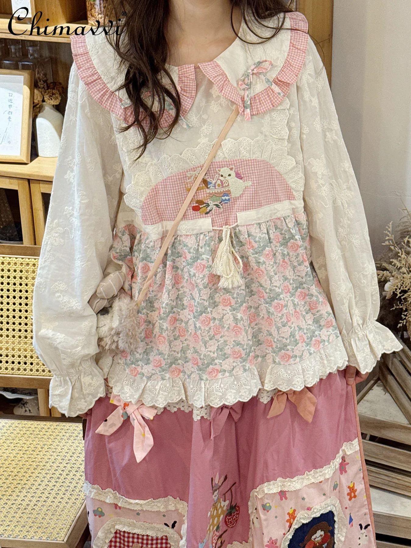 

Forest Style Sweet Girl Pink Floral Lace Pink Doll Collar Shirt Spring and Autumn New Fashion Long Sleeve Loose Blouse Tops