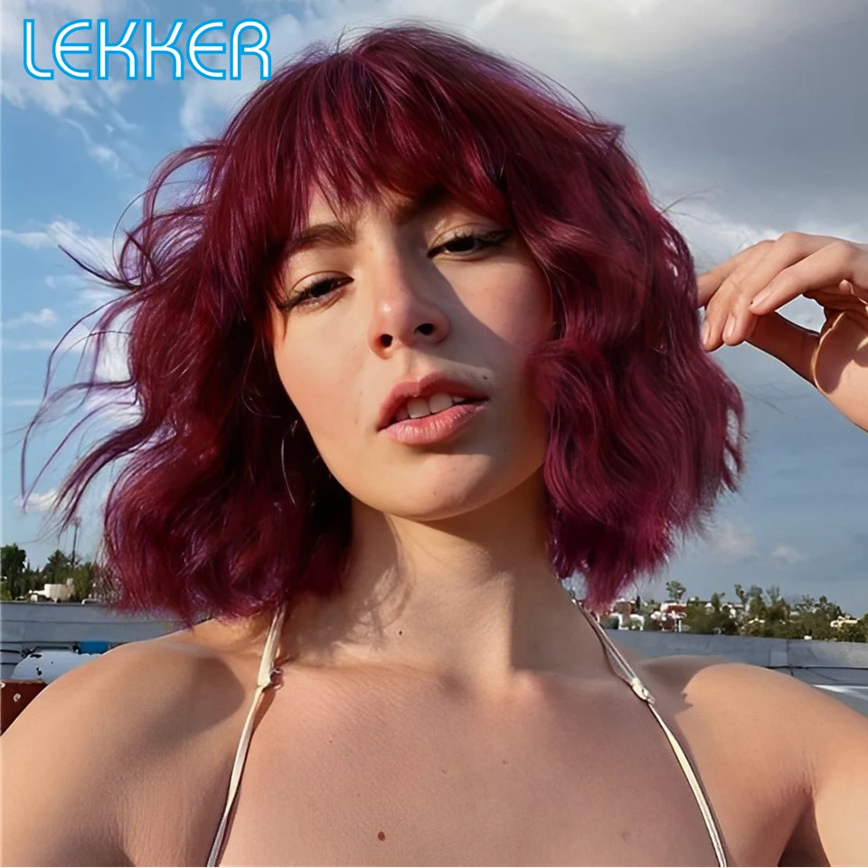 Lekker Burg Red Short Wavy Bob With Bangs 100% Human Hair Wigs For Women Brazilian Remy Hair Full Machine Made Colored 12