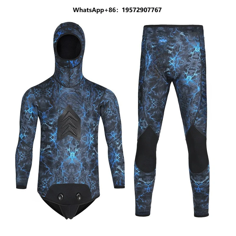 Advanced super elastic Men's 5mm Hunting Fishing Wetsuit Two-Piece Hooded Smooth  Diving Jacket Camouflage Winter