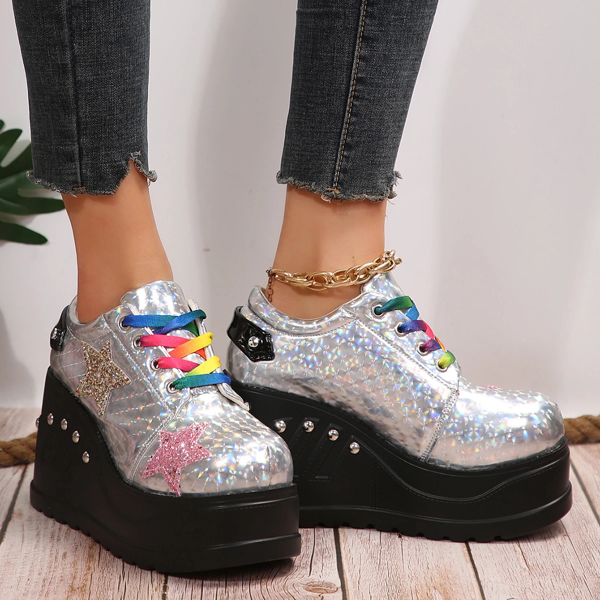 Platform Wedge Fashion Plus Size Rainbow Shoes Silver Upper Fashion Sequin Punk Women\'s Shoes Chaussure Femme