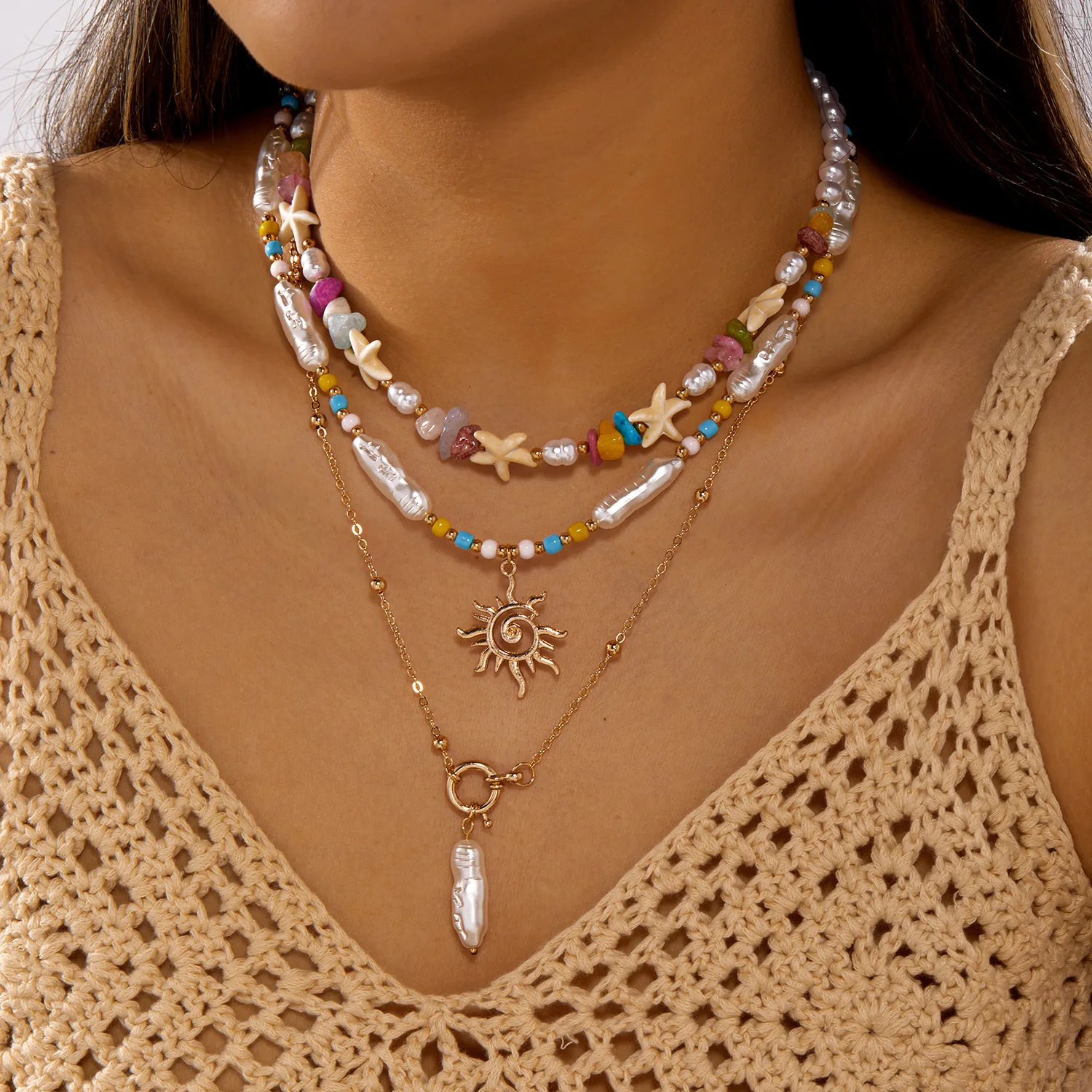 Bohemian Multi‑Layered Beaded Necklace Set, Sun Pendant, Starfish & Imitation Pearl, Colorful Summer Beach Fashion Neck Jewelry