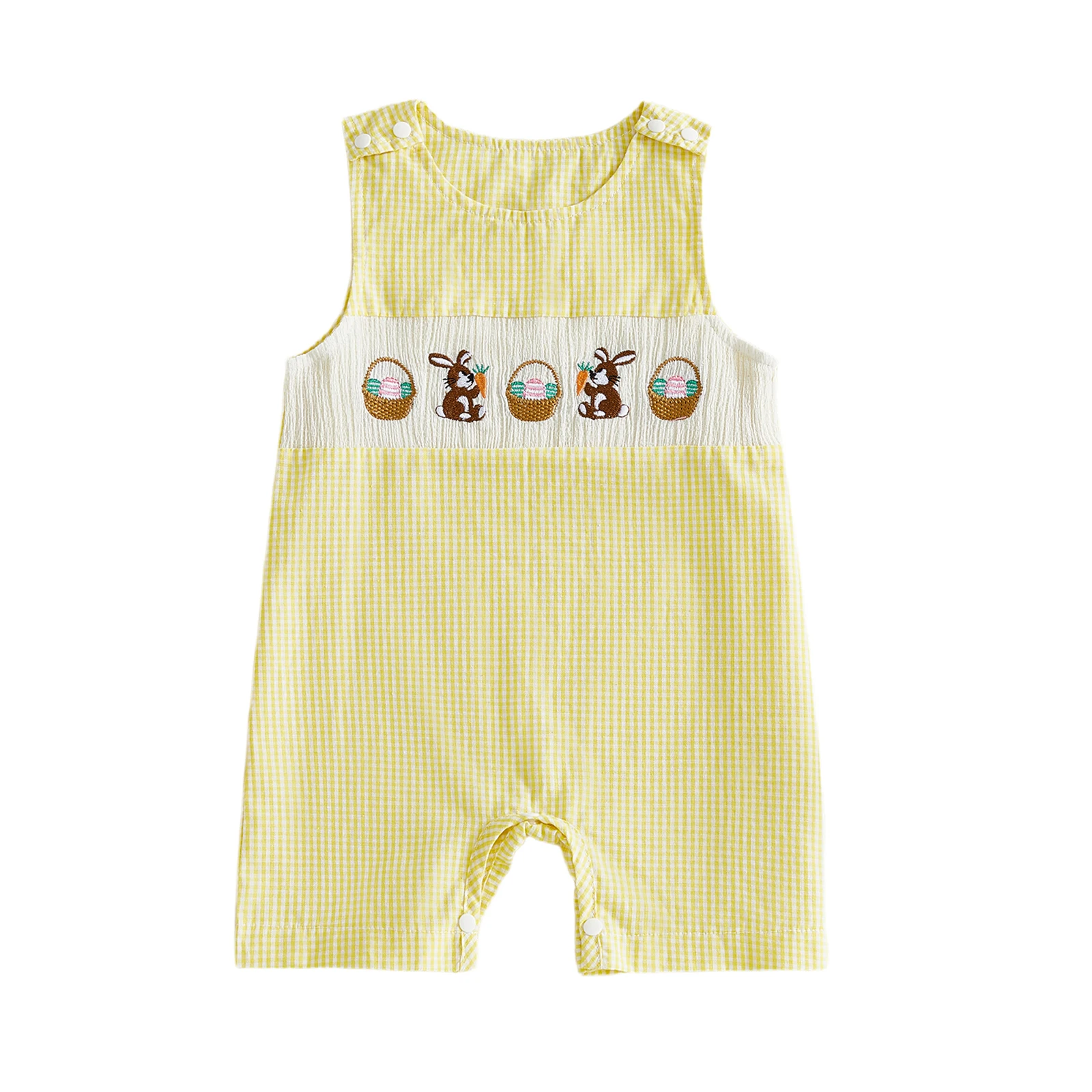 

Детский пасхальный комбинезон с кроликом, пасхальное яйцо, вышитый клетчатый комбинезон без рукавов с круглым вырезом для новорожденных, комбинезон для младенцев