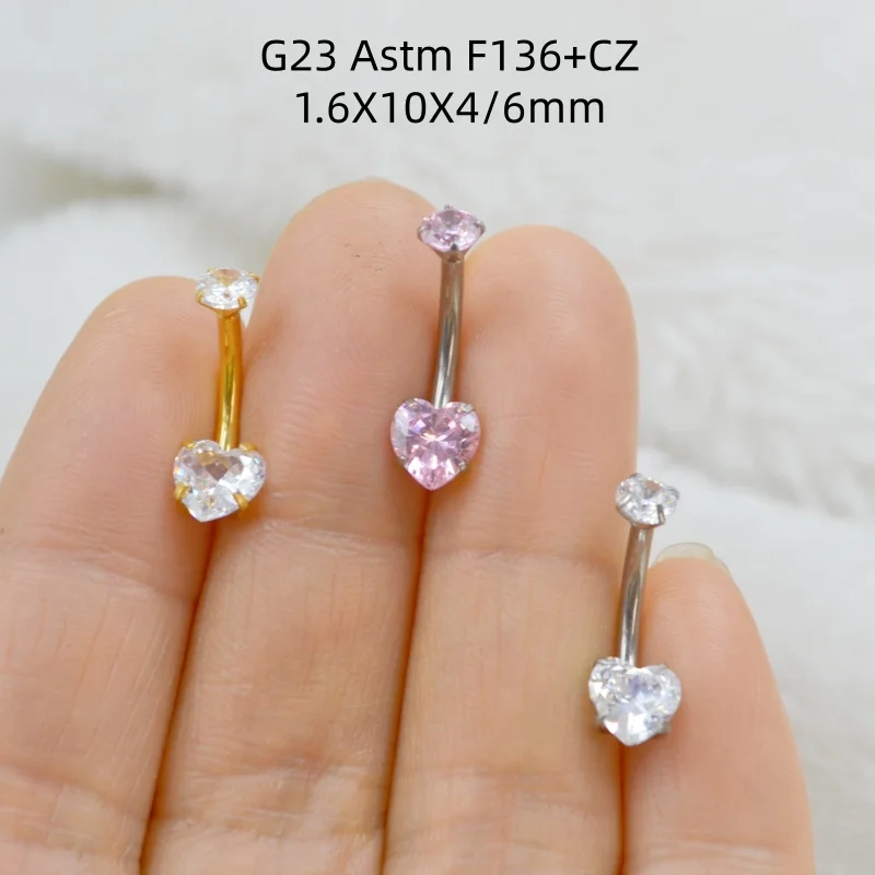 

10 шт. украшения для тела-G23 Astm F136 титановый пирсинг сердце CZ пупок пирсинг пупка кривая штанги кольца для живота