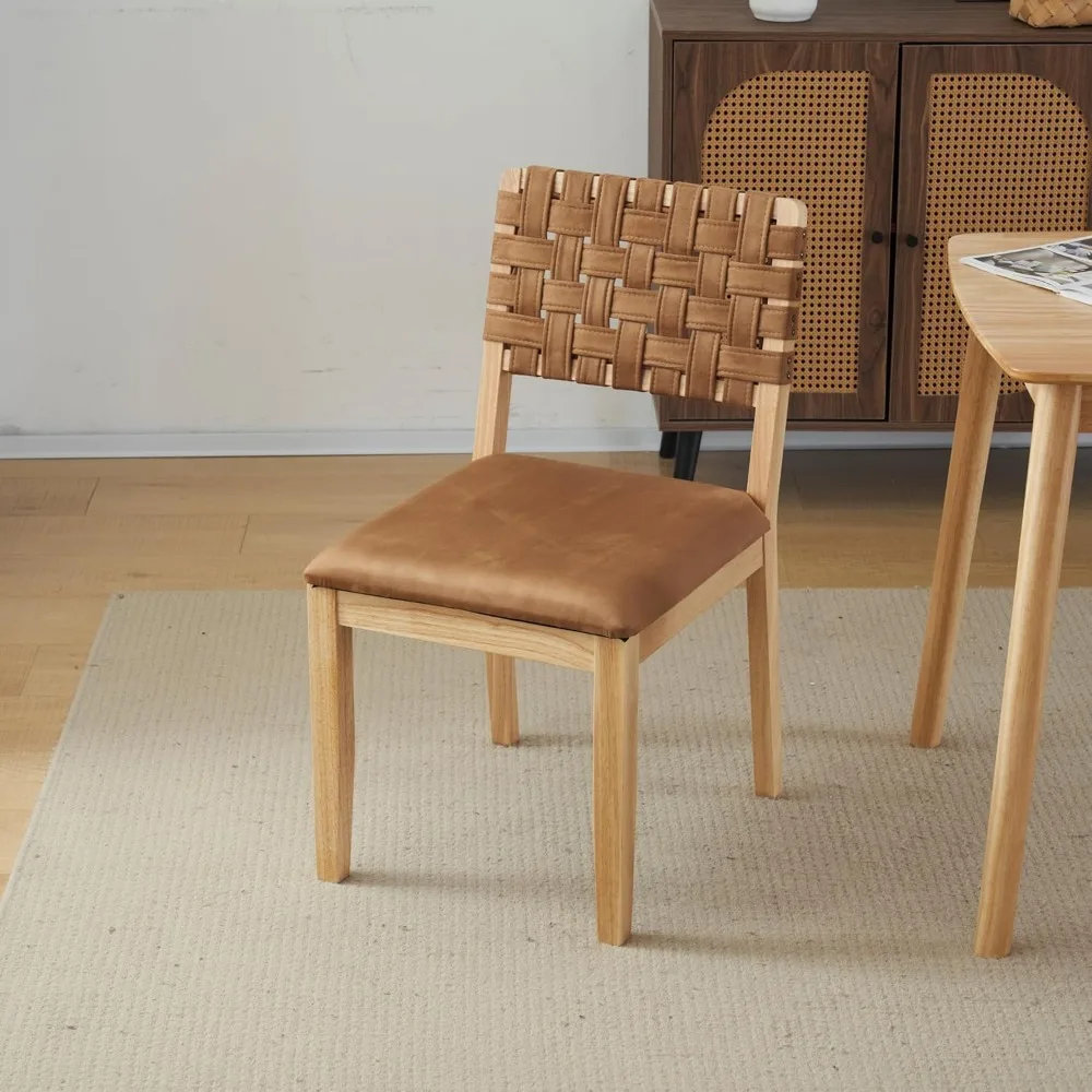 زوج من كراسي تناول الطعام الخشبية المنسوجة باللون البني العتيق، كراسي مكتب حديثة بدون ذراعين مع مسامير وأوتاد قدم، منجدة بعيدًا