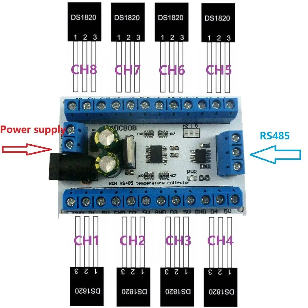 8CH RS485 MODBUS RTU DS18B20 Temperature Sensor Collector PLC Paperless recorder