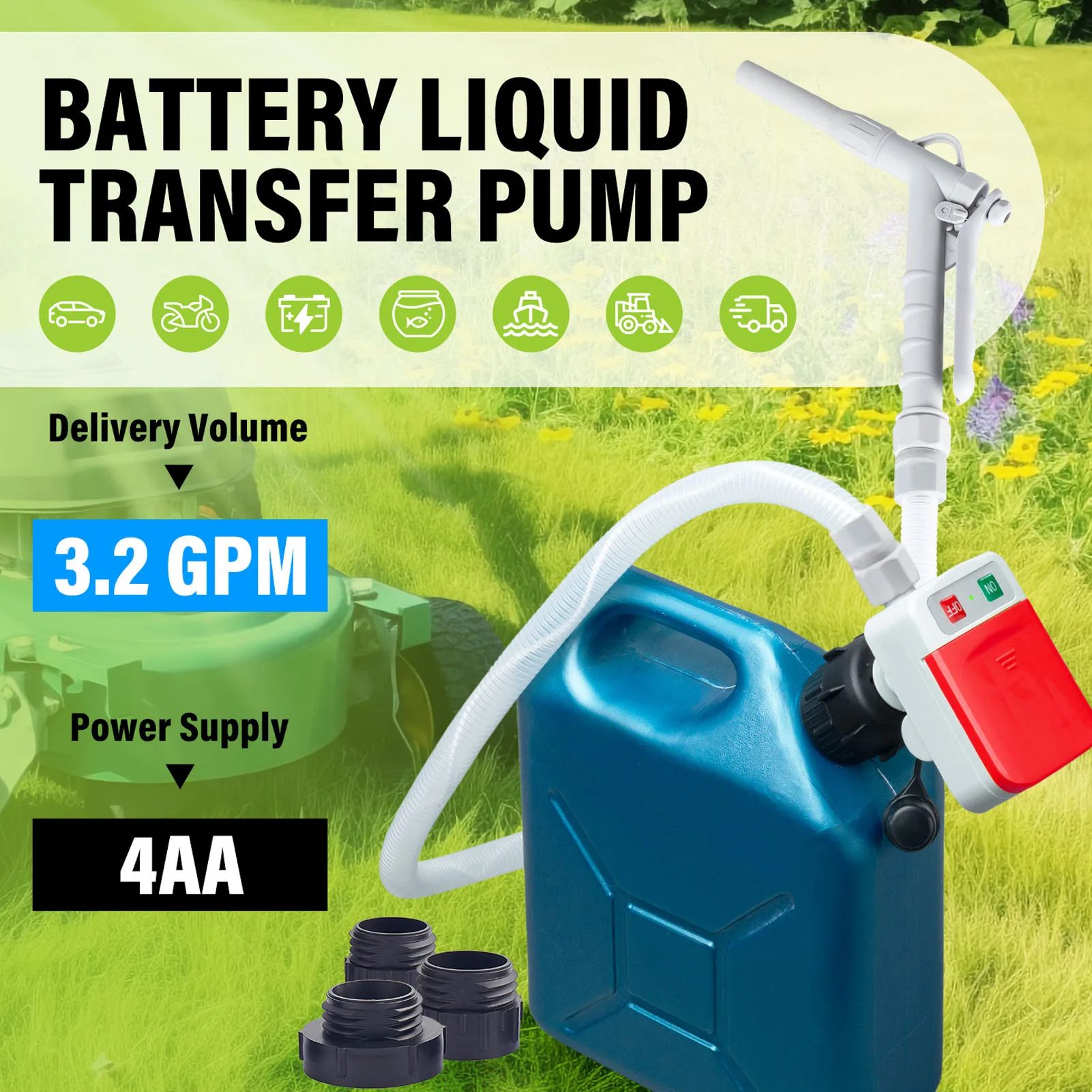 

Насос для перекачки топлива, 3,2 галлона в минуту, точное управление, ручная насадка, насос для газовых баллонов с батарейным питанием и 51-дюймовым шлангом, 3 адаптера