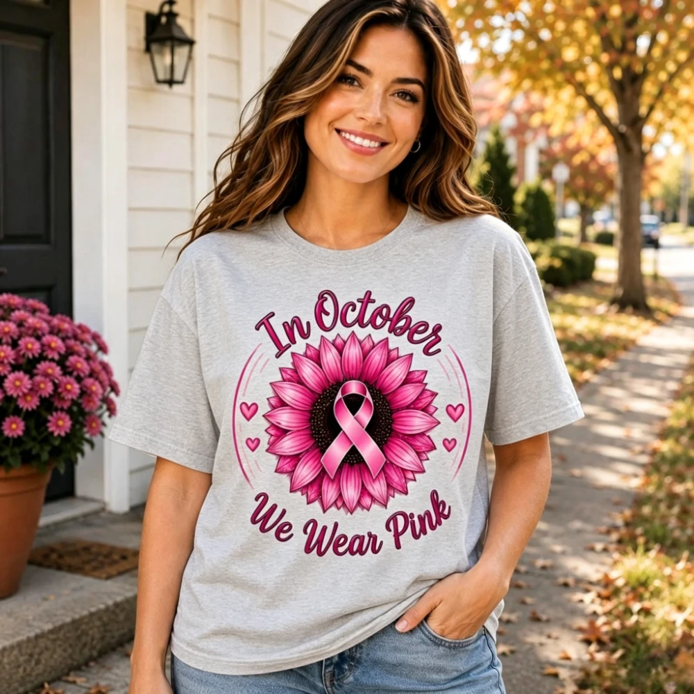 In October, we wear the sunflower breast cancer awareness short-sleeved round-neck casual slogan T-shirt.