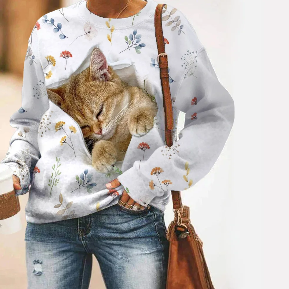 Fashion Cute Cat Sweatshirts Animal 3D Print Women Autumn Casual Long Sleeve Hoodies Y2k Streetwear Pullover Top Female Clothing