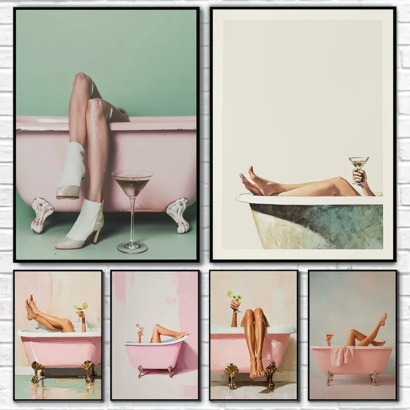 1pc frameless Canvas Painting Retro Martini Girl in Bathtub Glam Bathroom Cocktail Feminist Aesthetic Poster Canvas Painting Wal