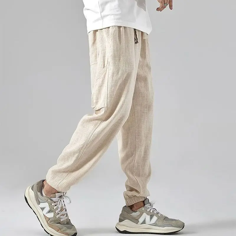 

Summer 2025 Men's Casual Sports Work Pants Loose Straight Elastic Waist Versatile Street Sle Polyester Fiber Nine-Piece Pants