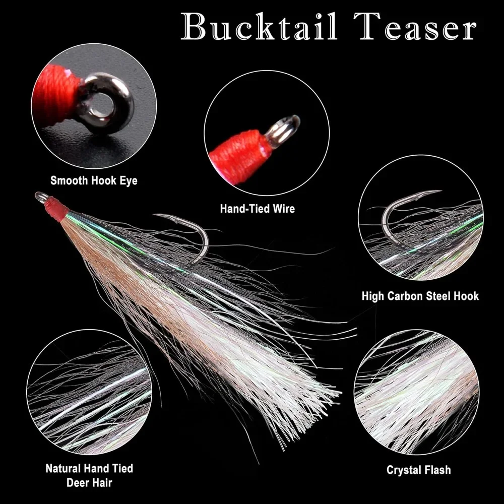 Bucktail Teasers with Hook Saltwater, Fishing Teaser Lures Flounder Rig Fishing Jig Hooks 5 Colors