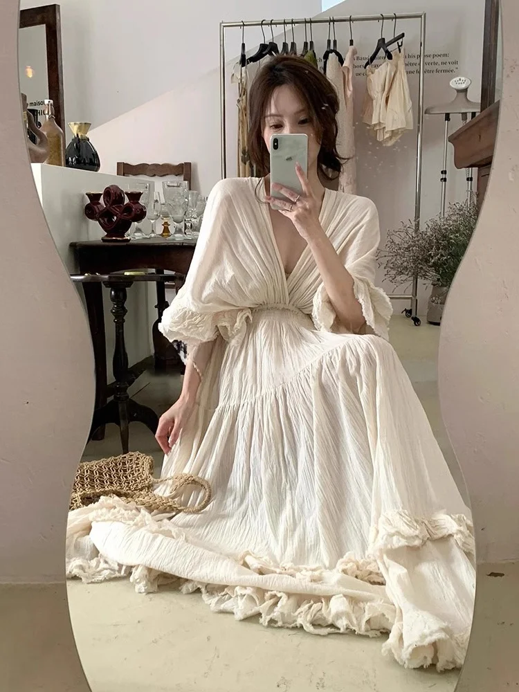 Système de forêt rétro lourd v-ne taille haute Dr printemps été grande jupe ourlet vacances femmes Dr Long Sle trajet vent