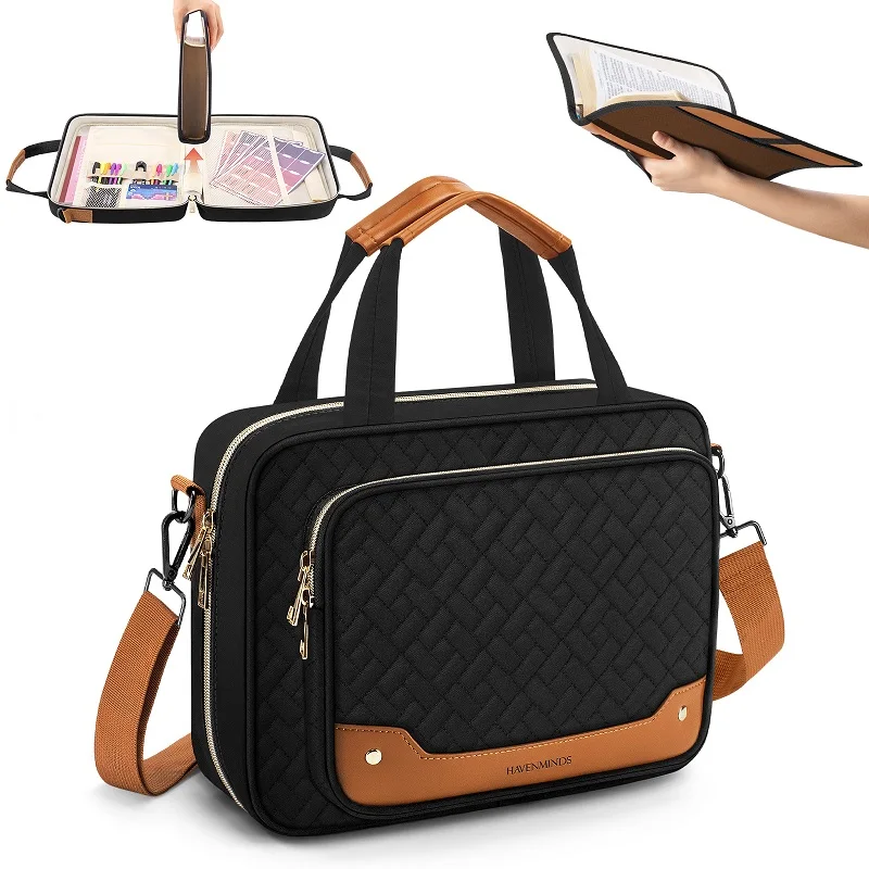 Bible Case with Holder, Bible Cover for Women, Large Bible Bag with Shoulder Strap, Leather Bible Study Bag, Christian Gifts