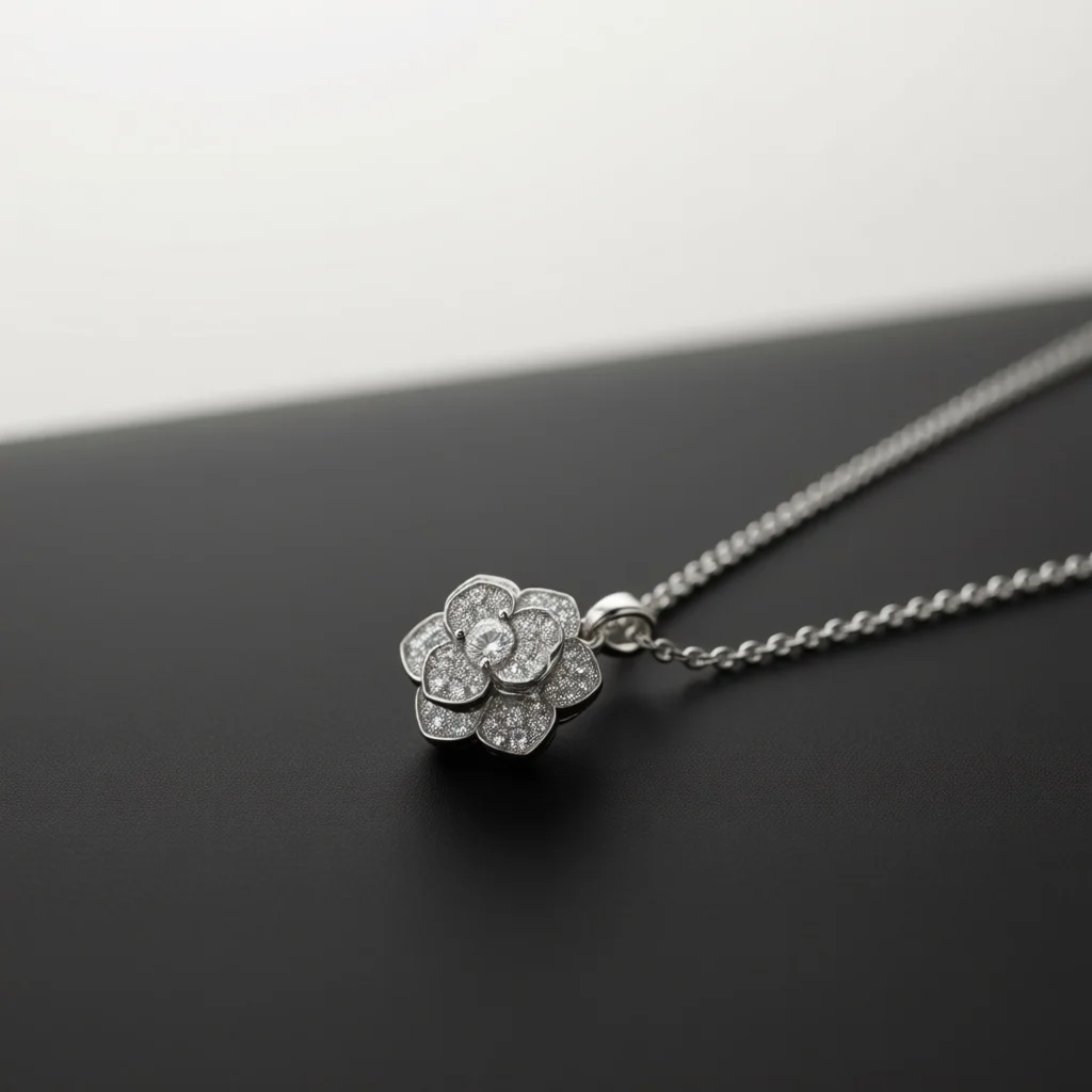 Elegant Silver Tone Copper Pendant Necklace Full Paved Zircon Camellia Floral Decor Jewelry for Banquet & Special Gift Selection
