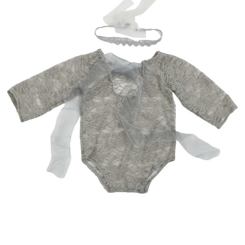 Newborn Lace Romper Set for Baby Photography Props Mesh Bodysuit with Headband