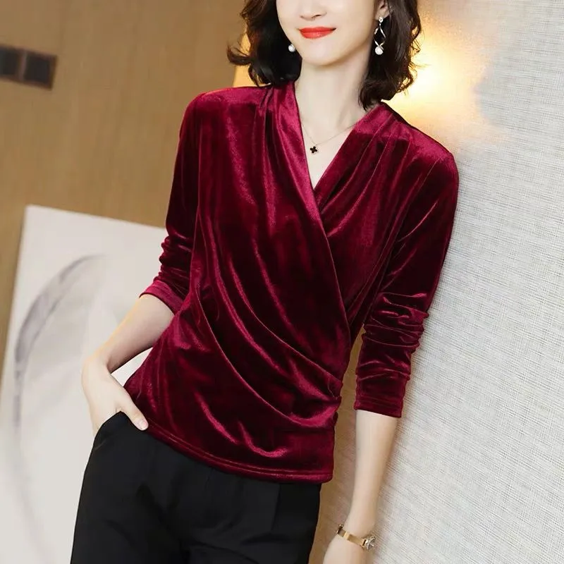 New Autunm women brand sexy long sleeve V-neck office blouse Korean style women Spring velour shirts  purple tops